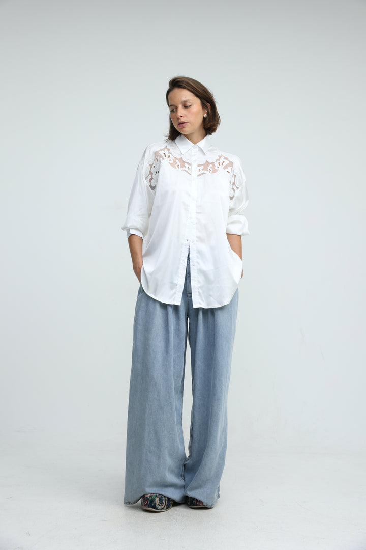 Satin Embroidered White Buttoned Shirt