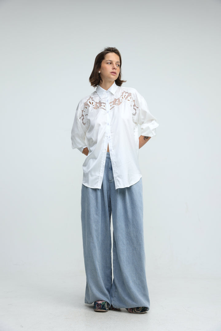 Satin Embroidered White Buttoned Shirt