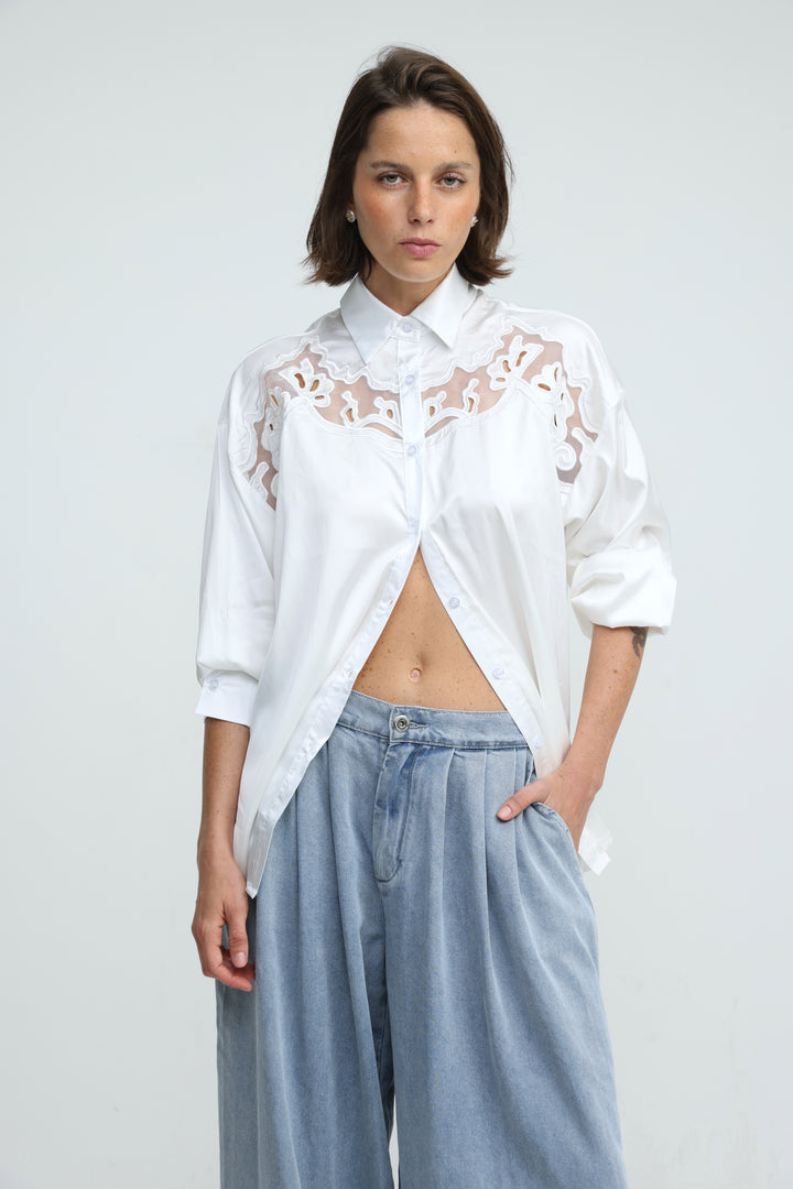 Satin Embroidered White Buttoned Shirt