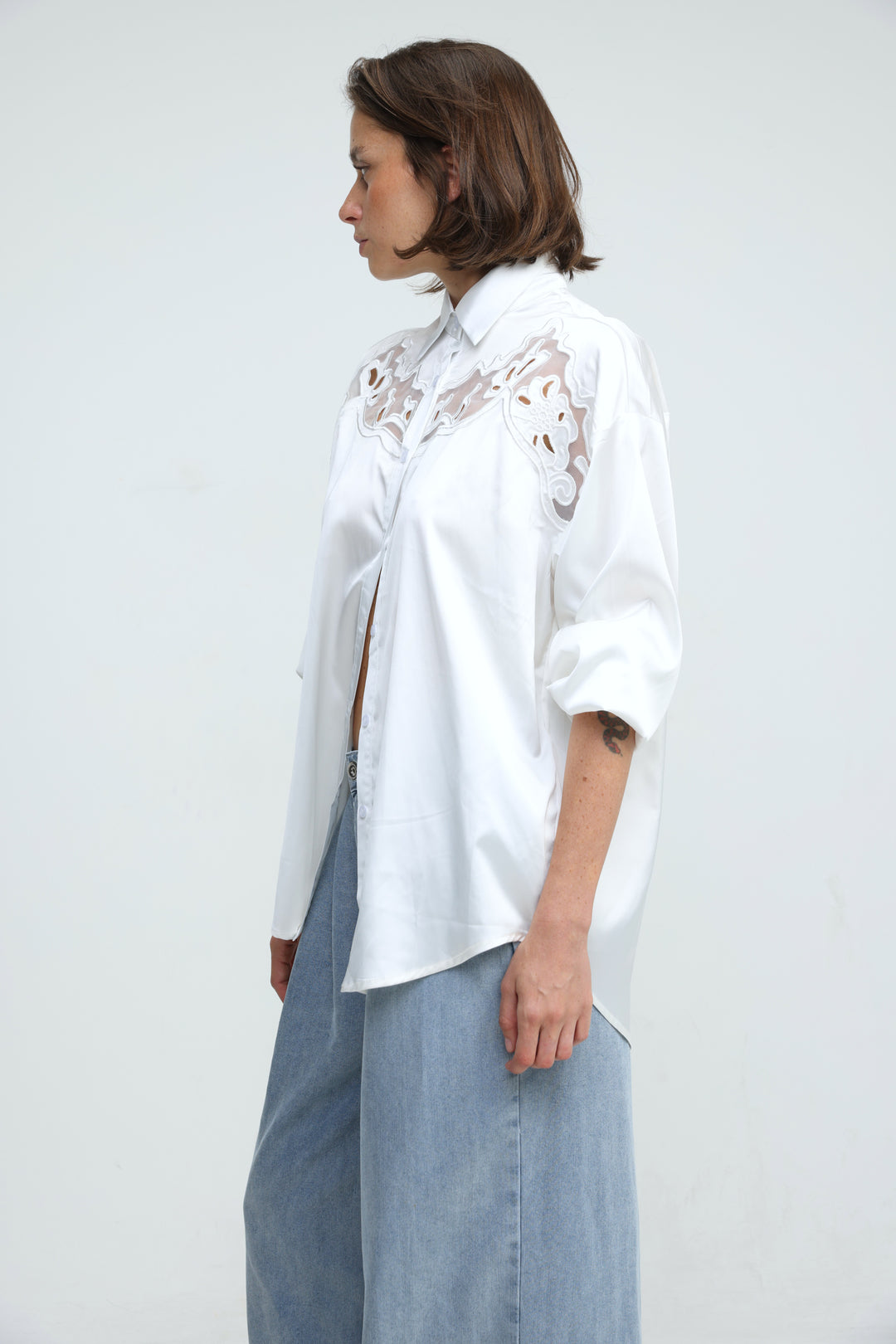 Satin Embroidered White Buttoned Shirt
