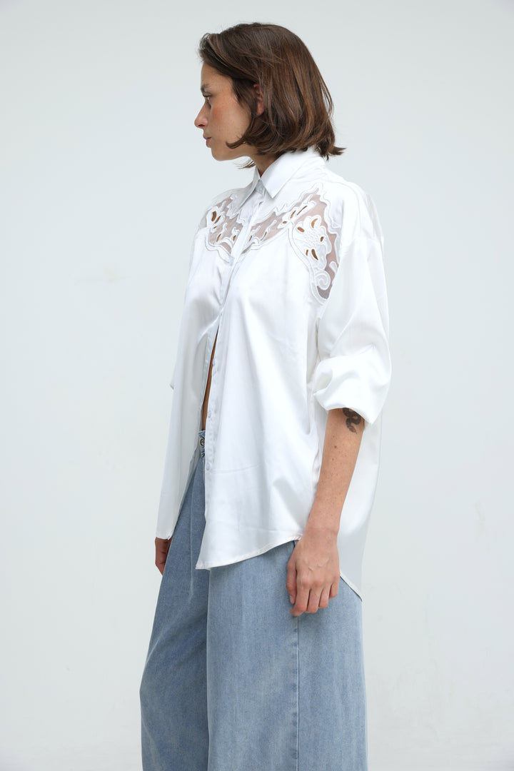 Satin Embroidered White Buttoned Shirt