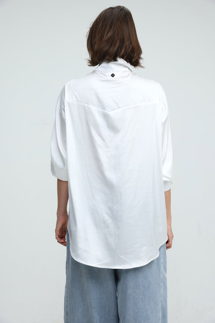 Satin Embroidered White Buttoned Shirt