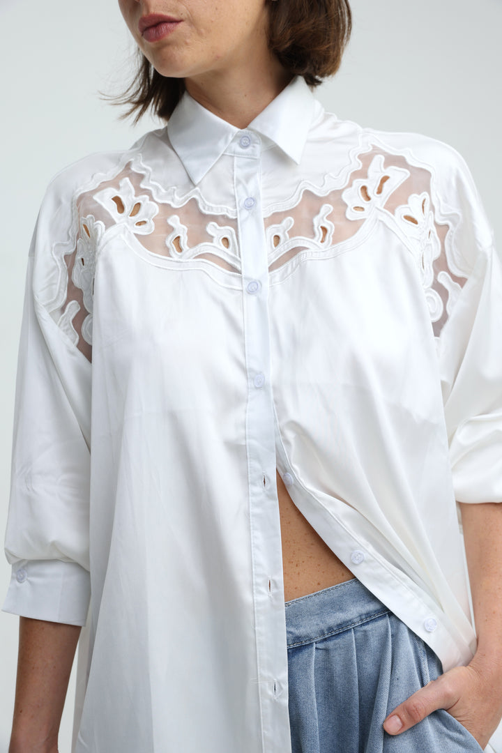 Satin Embroidered White Buttoned Shirt