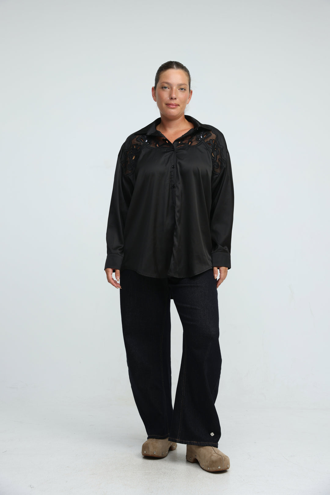 Satin Embroidered Black Buttoned Shirt