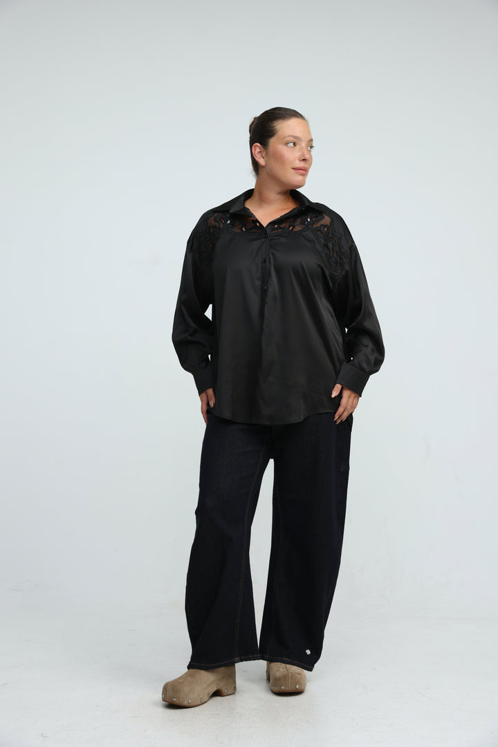 Satin Embroidered White Buttoned Shirt