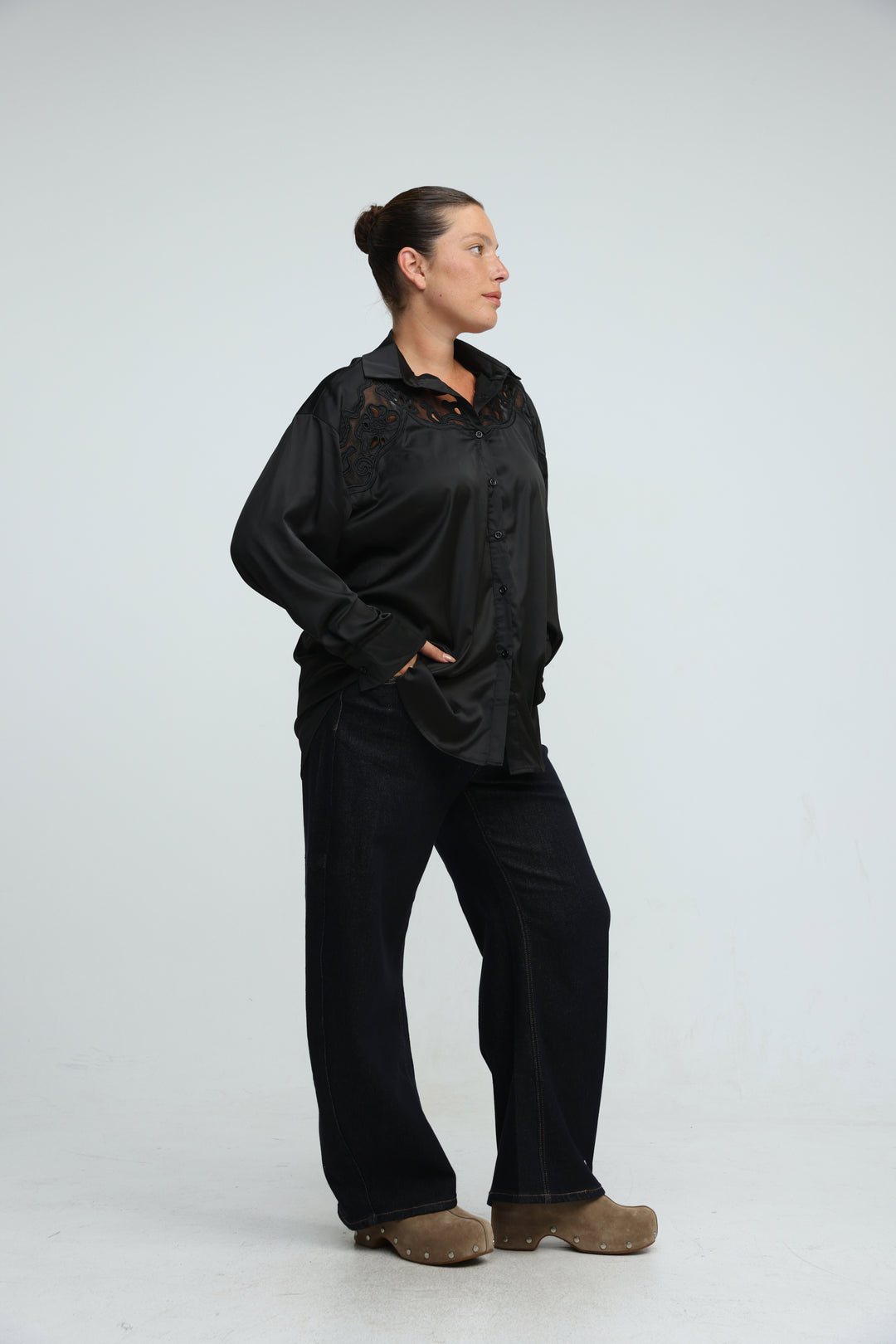 Satin Embroidered White Buttoned Shirt