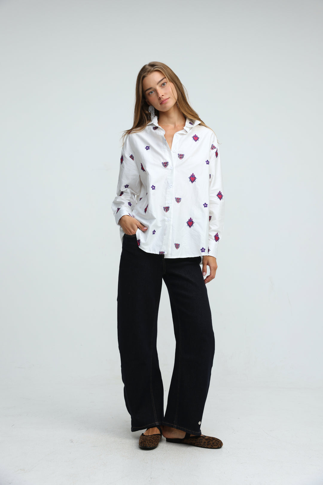 Tiger Embroidered White Buttoned Shirt