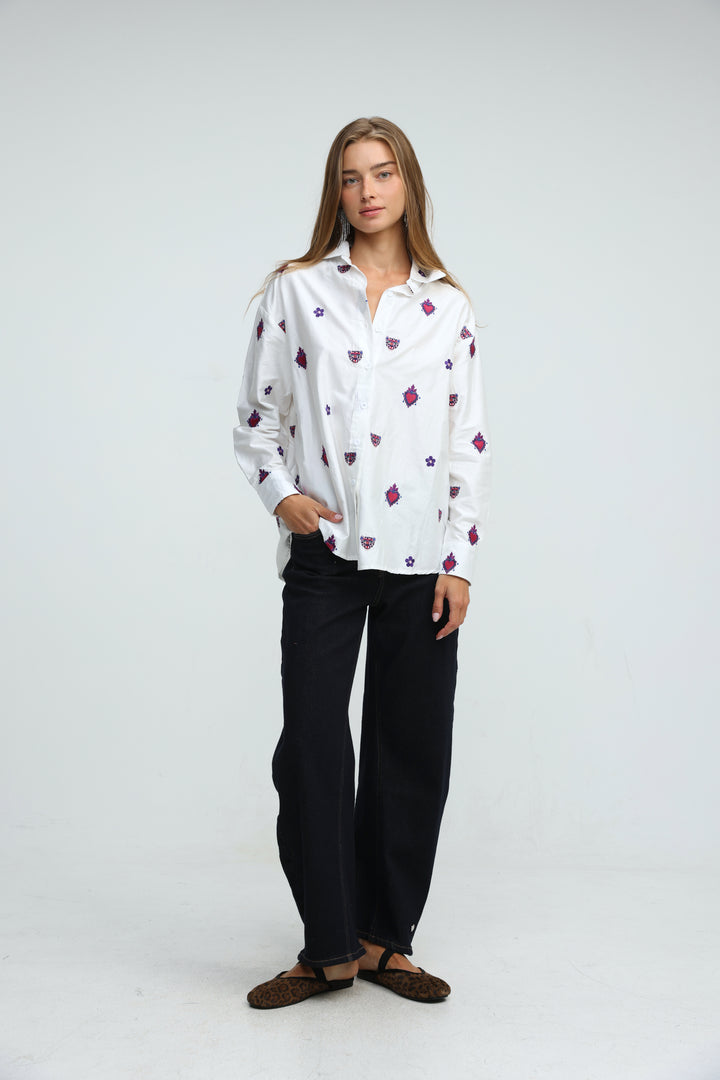 Tiger Embroidered White Buttoned Shirt