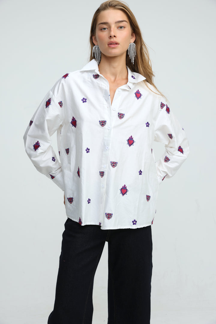 Tiger Embroidered White Buttoned Shirt