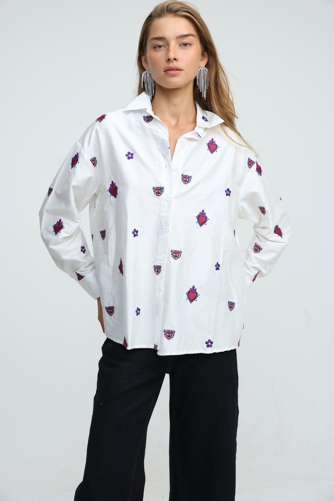 Tiger Embroidered White Buttoned Shirt