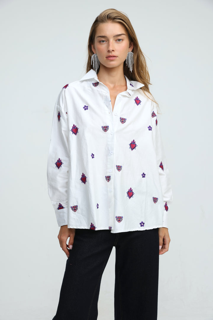 Tiger Embroidered White Buttoned Shirt