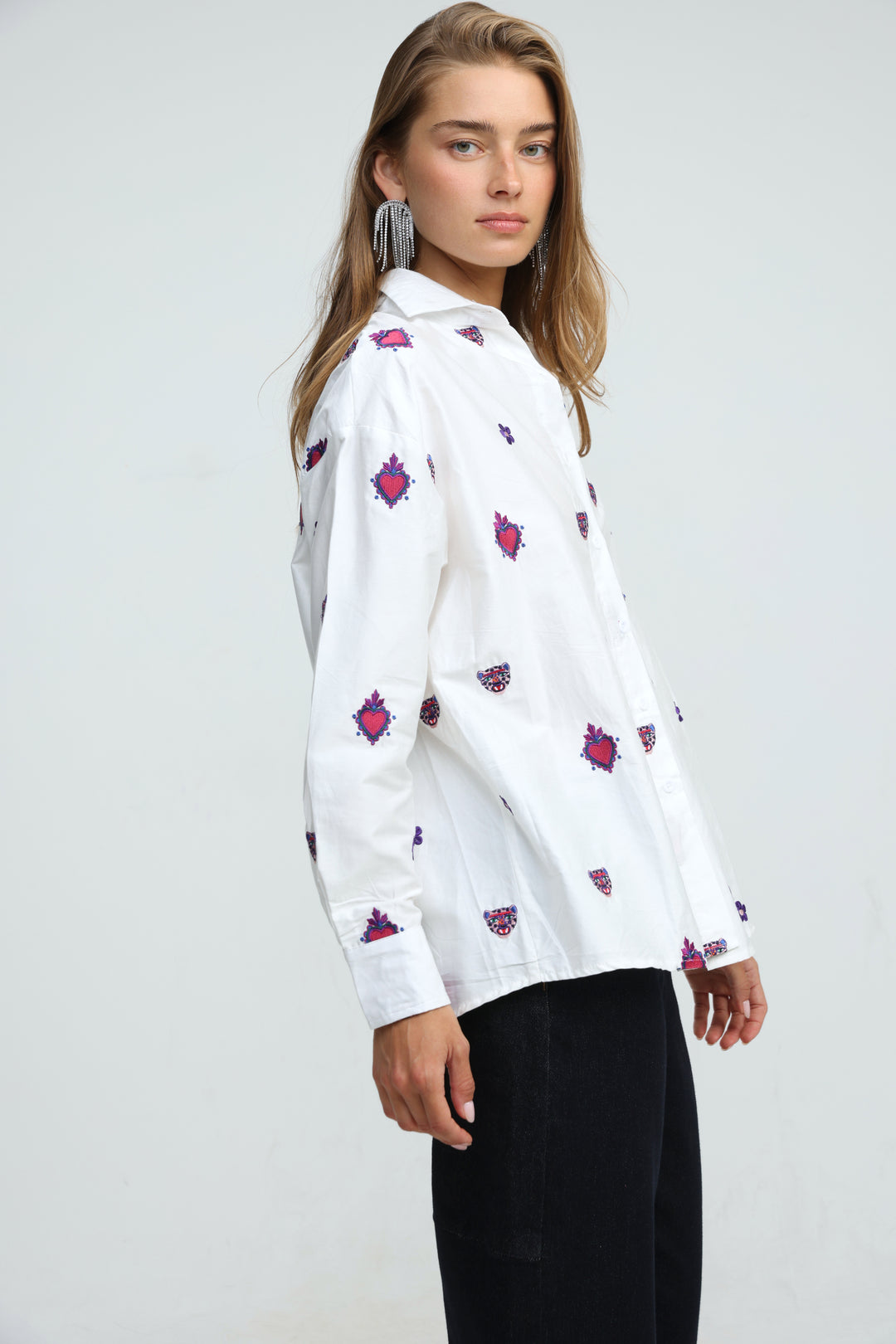 Tiger Embroidered White Buttoned Shirt