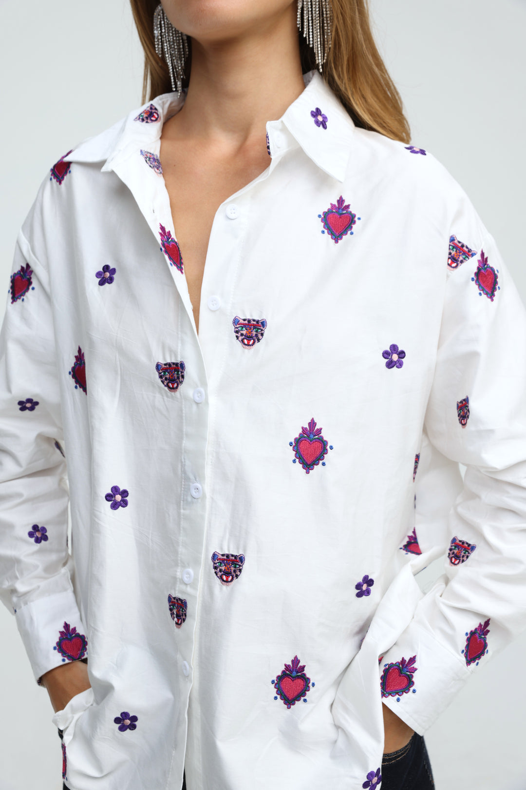Tiger Embroidered White Buttoned Shirt