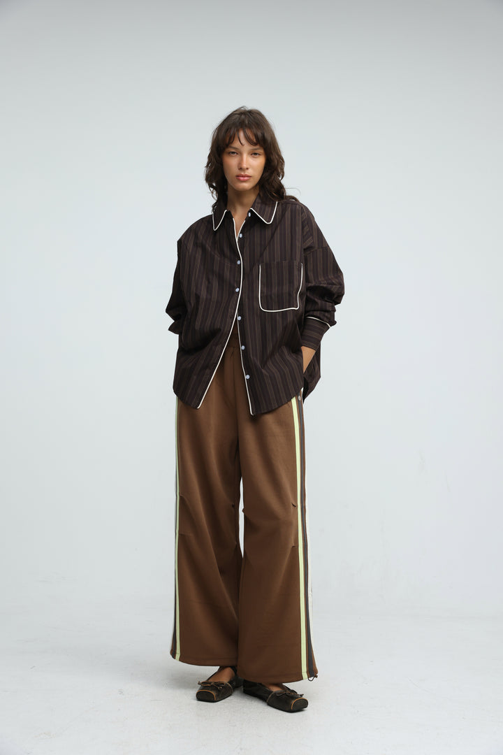 Piped Brown Striped Shirt