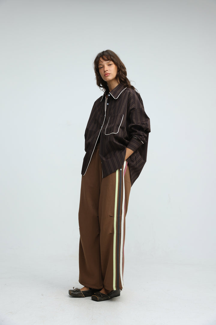 Piped Brown Striped Shirt