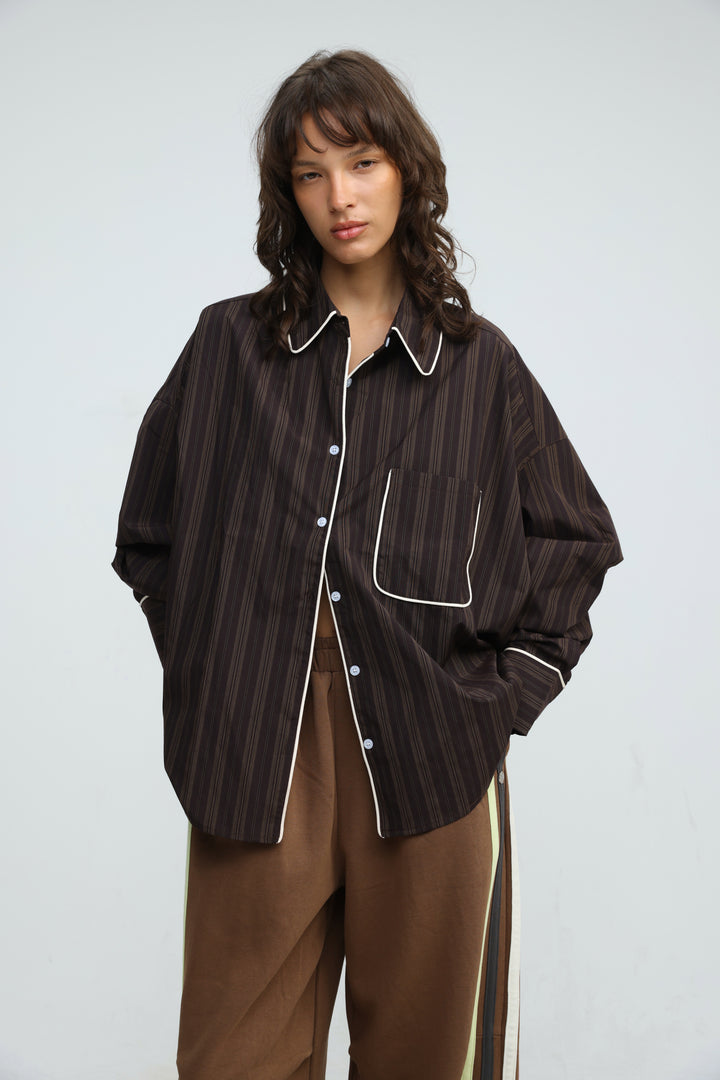 Piped Brown Striped Shirt