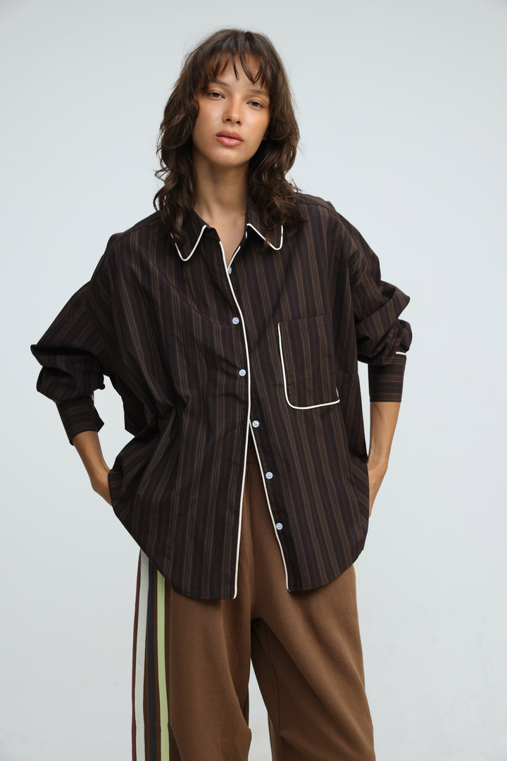 Piped Brown Striped Shirt