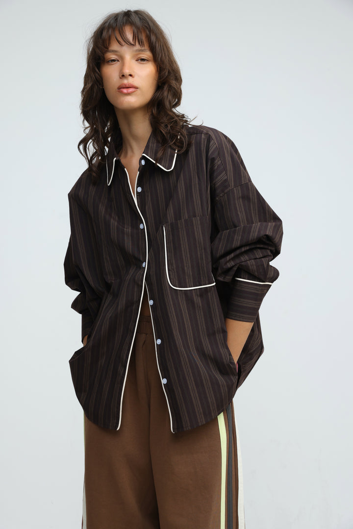 Piped Brown Striped Shirt