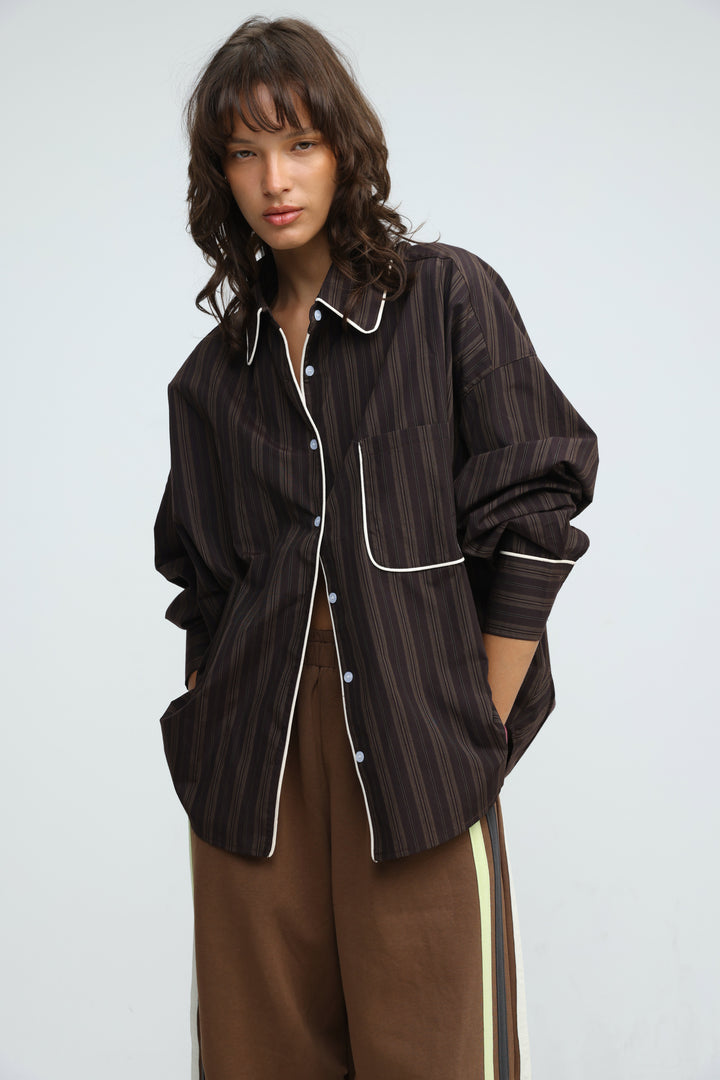 Piped Brown Striped Shirt