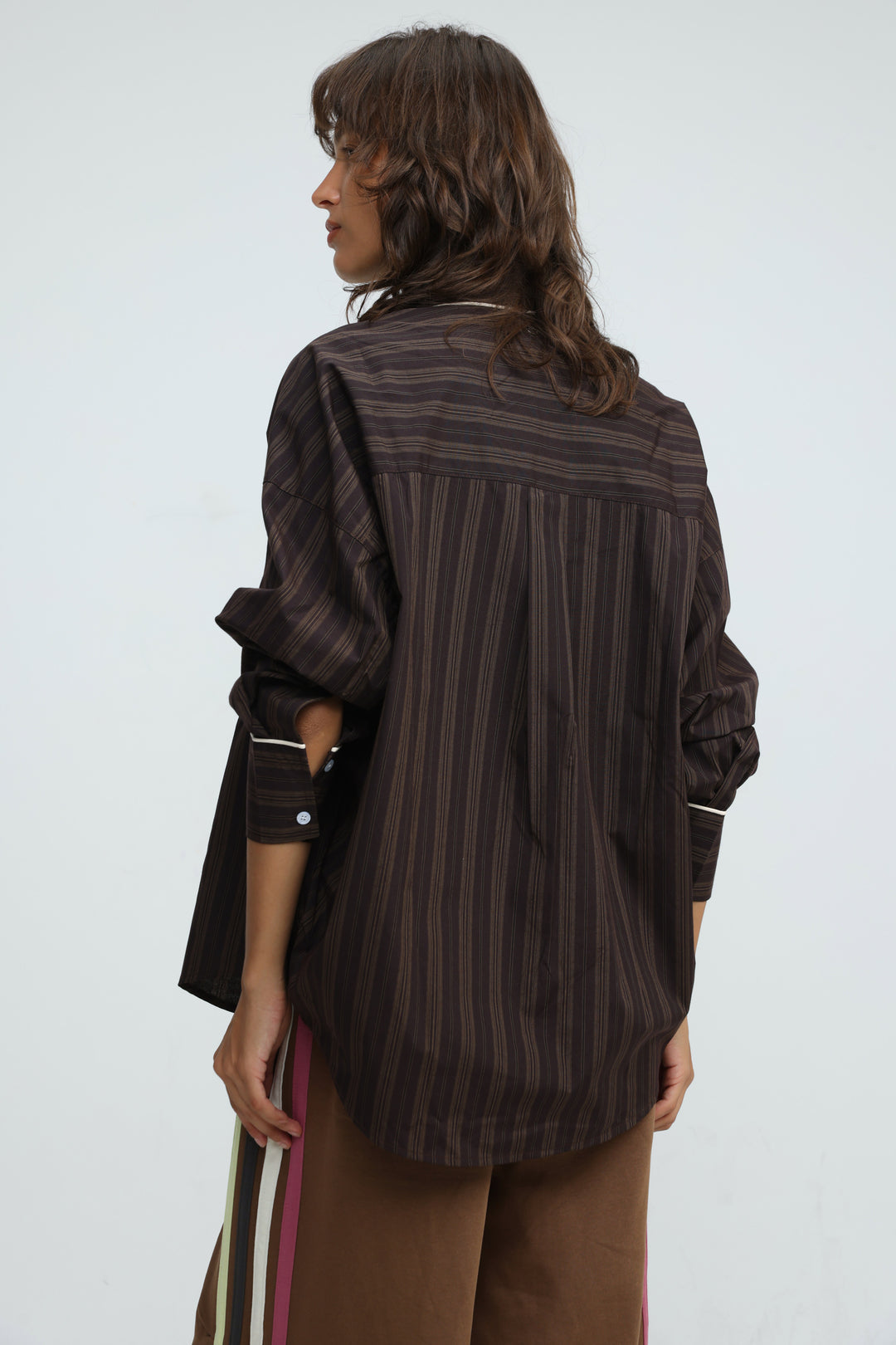 Piped Brown Striped Shirt