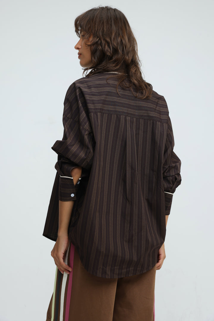 Piped Brown Striped Shirt