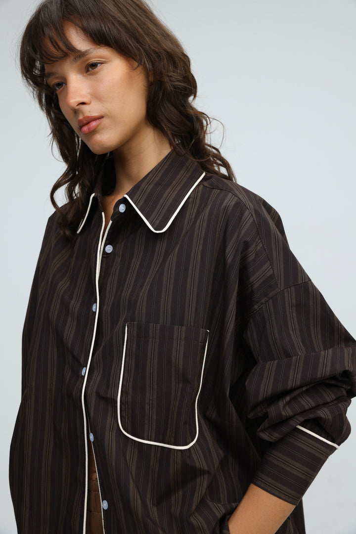 Piped Brown Striped Shirt