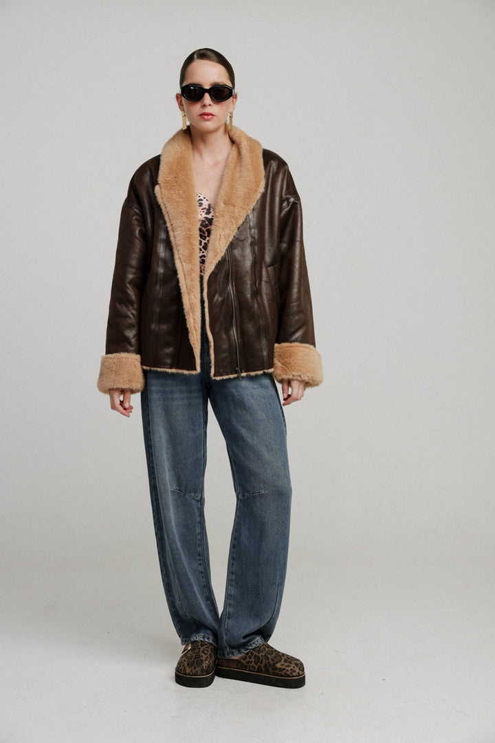 Dina Brown Faux Leather Coat