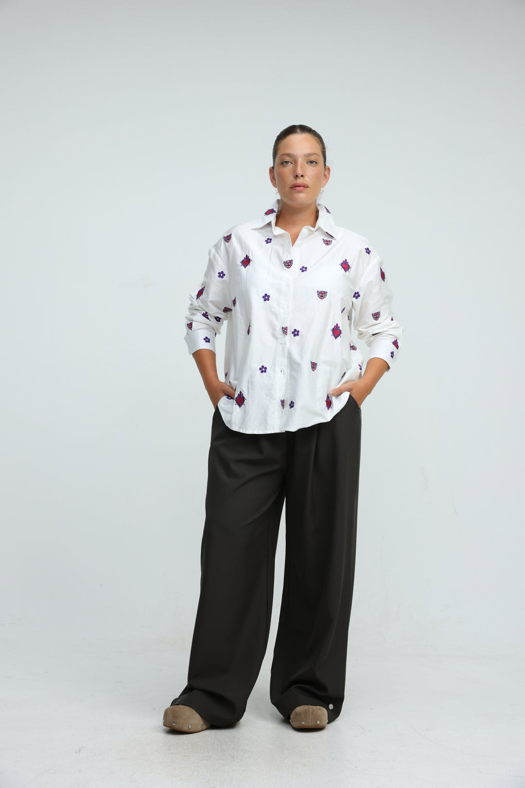 Tiger Embroidered Purple Buttoned Shirt