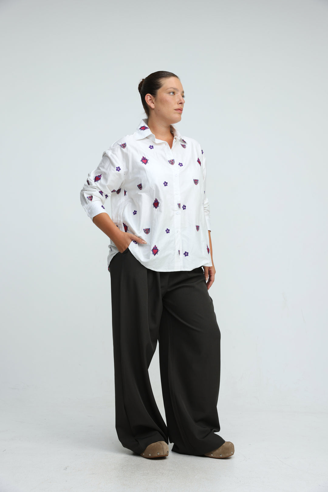 Tiger Embroidered Purple Buttoned Shirt