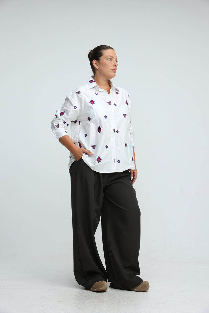 Tiger Embroidered Purple Buttoned Shirt