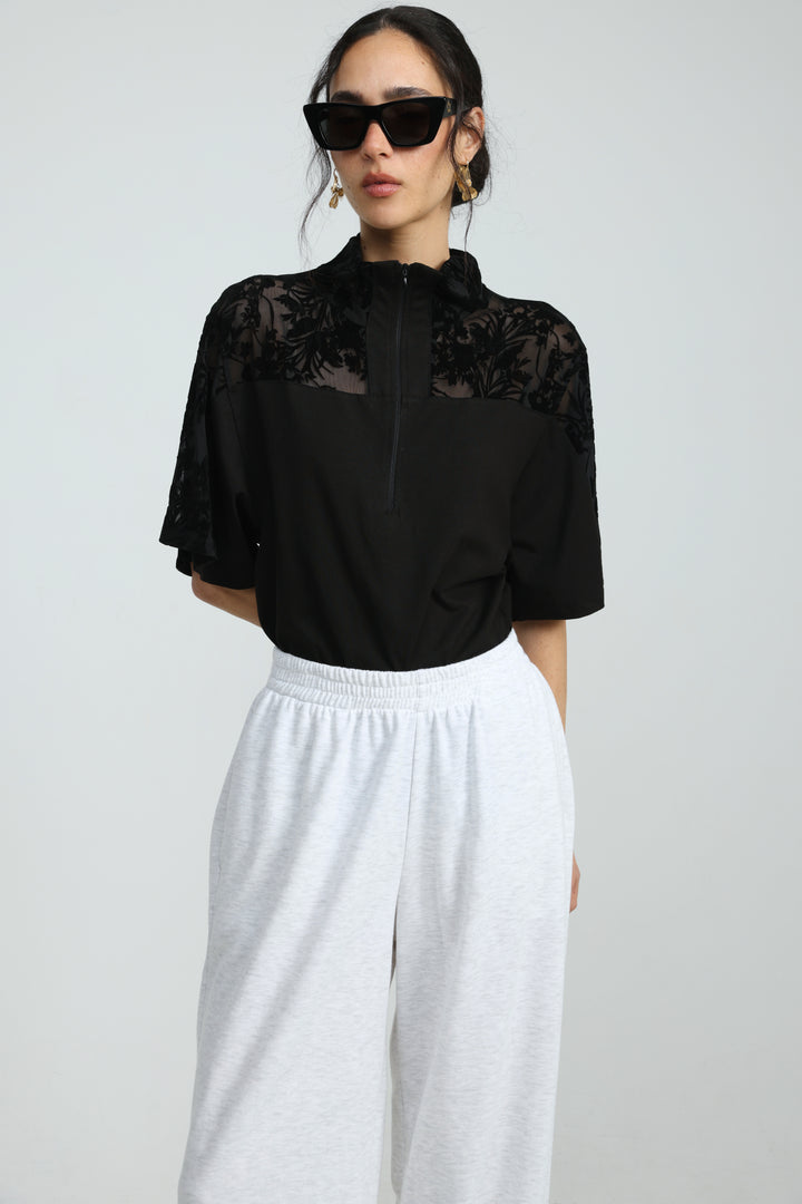 Adamon Black Floral Velvet Polo