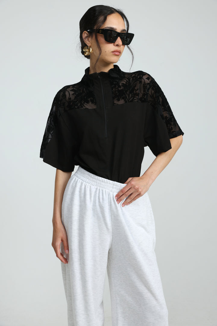 Adamon Black Floral Velvet Polo