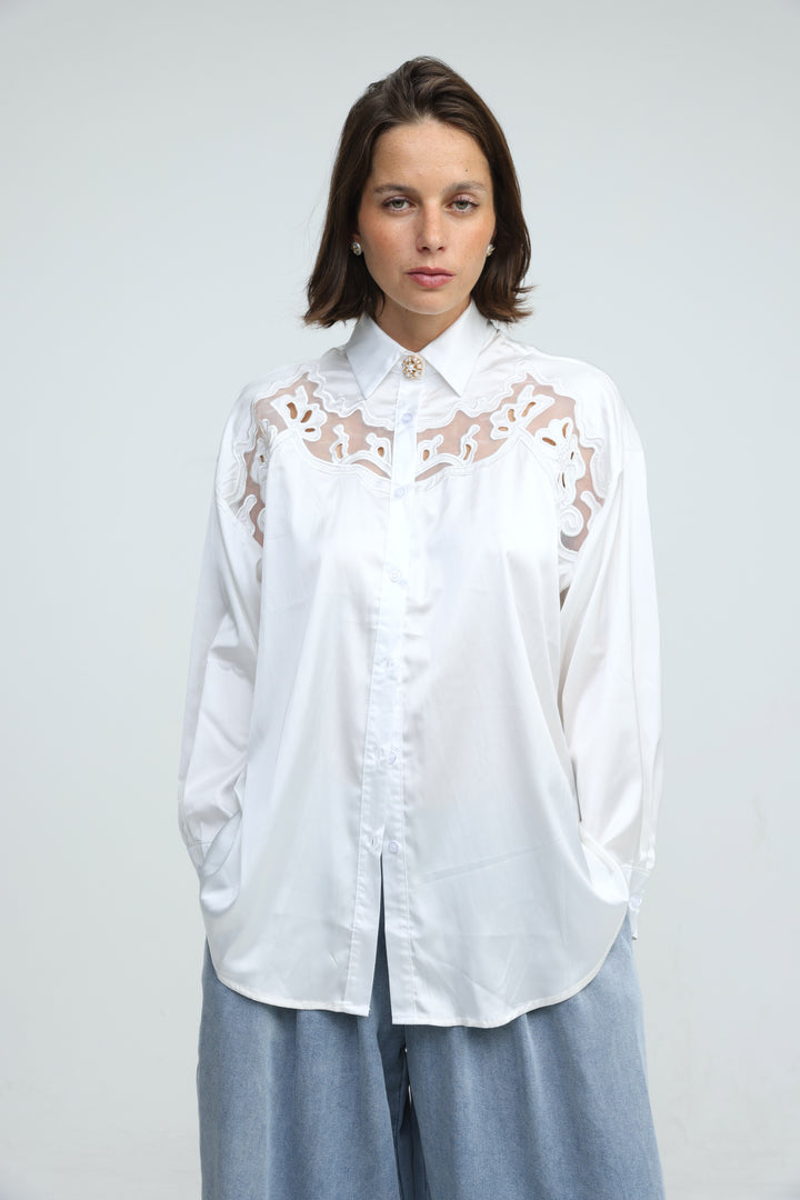 Satin Embroidered White Buttoned Shirt