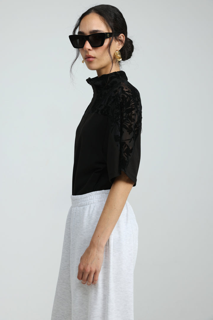 Adamon Black Floral Velvet Polo
