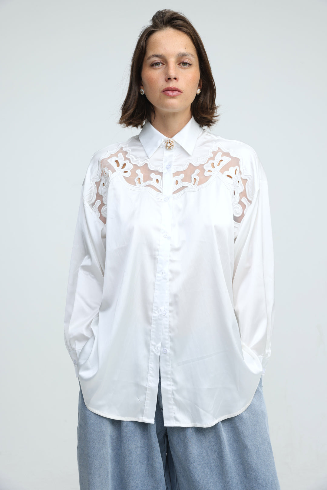Satin Embroidered White Buttoned Shirt
