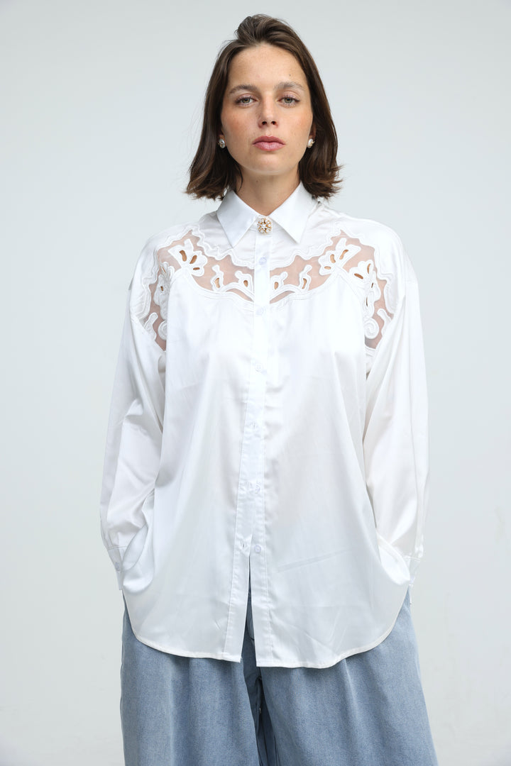 Satin Embroidered White Buttoned Shirt