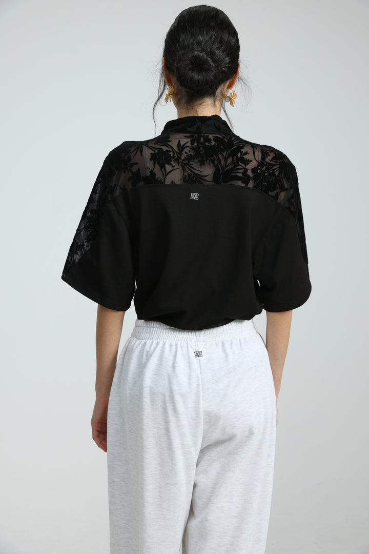 Adamon Black Floral Velvet Polo