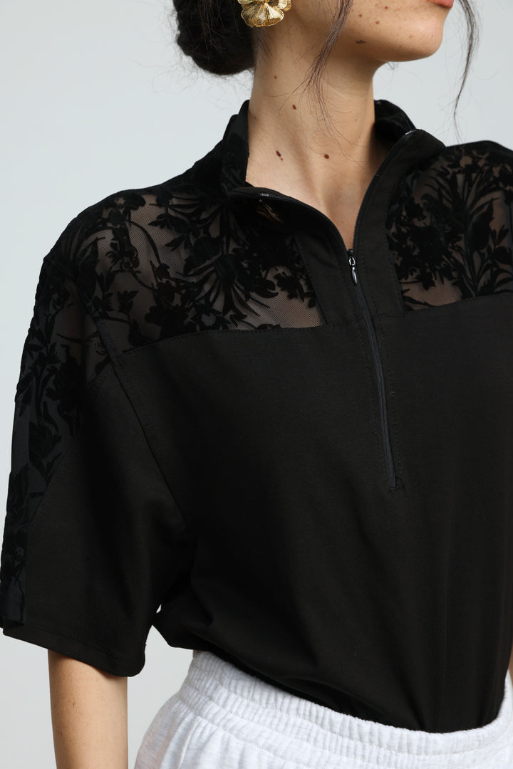Adamon Black Floral Velvet Polo