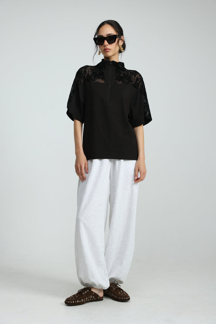 Adamon Black Floral Velvet Polo