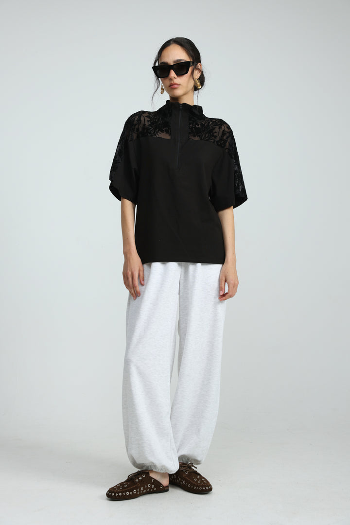 Adamon Black Floral Velvet Polo