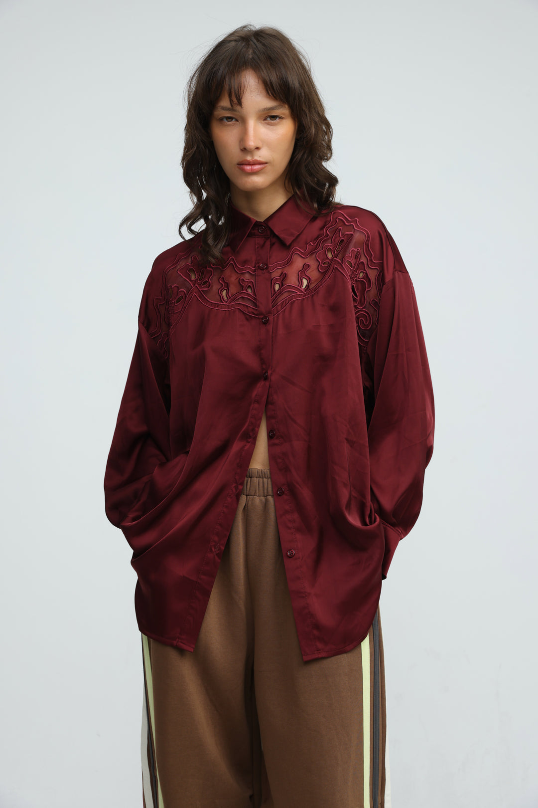 Satin Embroidered Wine Buttoned Shirt