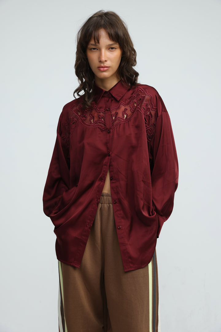 Satin Embroidered Wine Buttoned Shirt