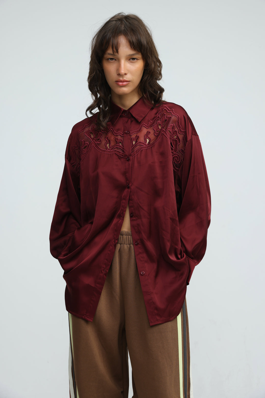 Satin Embroidered Wine Buttoned Shirt