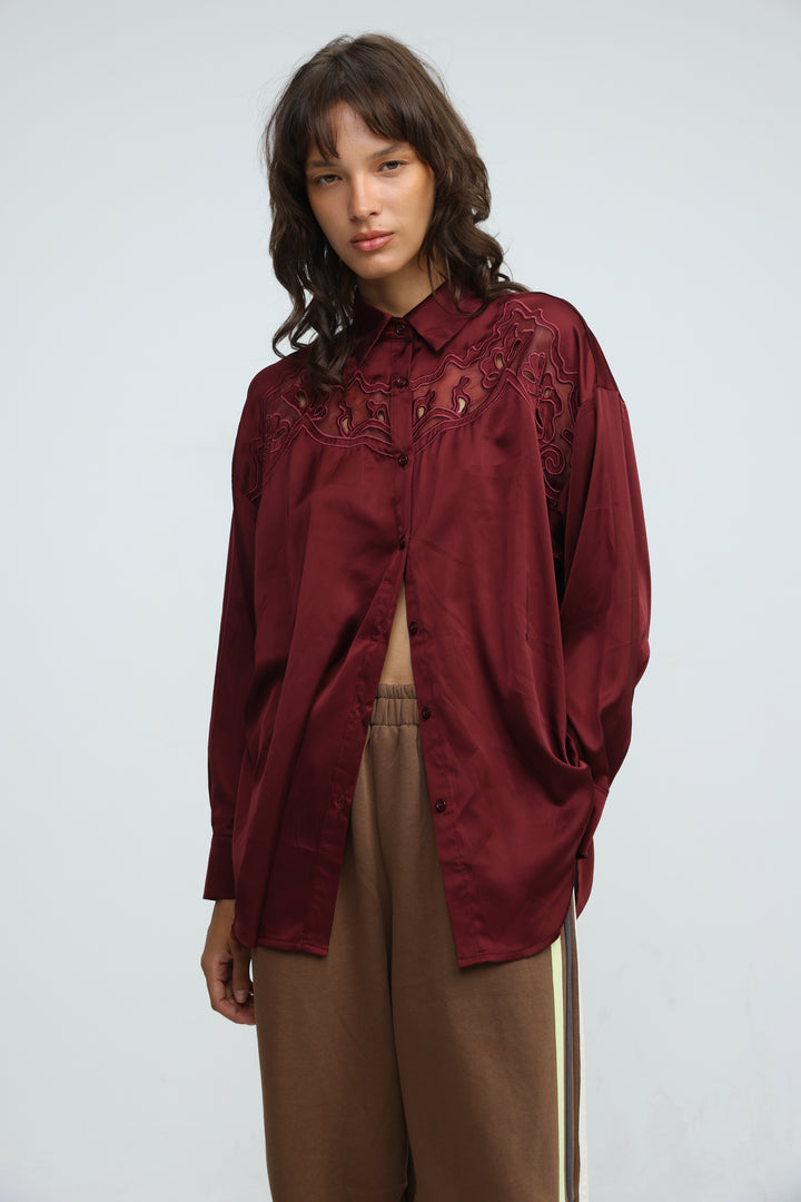 Satin Embroidered Wine Buttoned Shirt