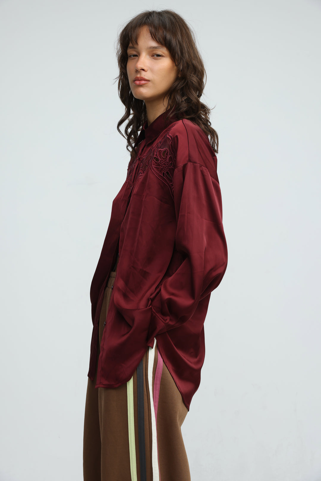 Satin Embroidered Wine Buttoned Shirt