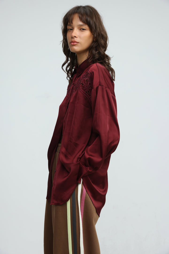 Satin Embroidered Wine Buttoned Shirt
