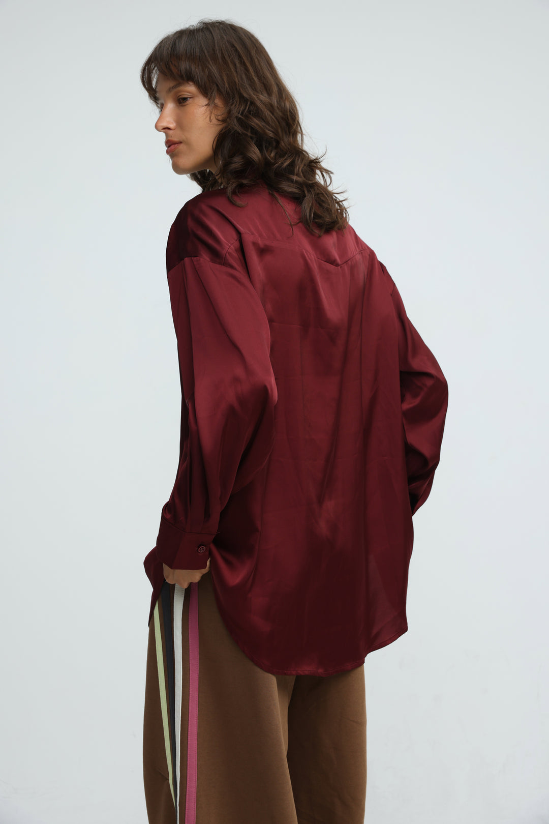 Satin Embroidered Wine Buttoned Shirt