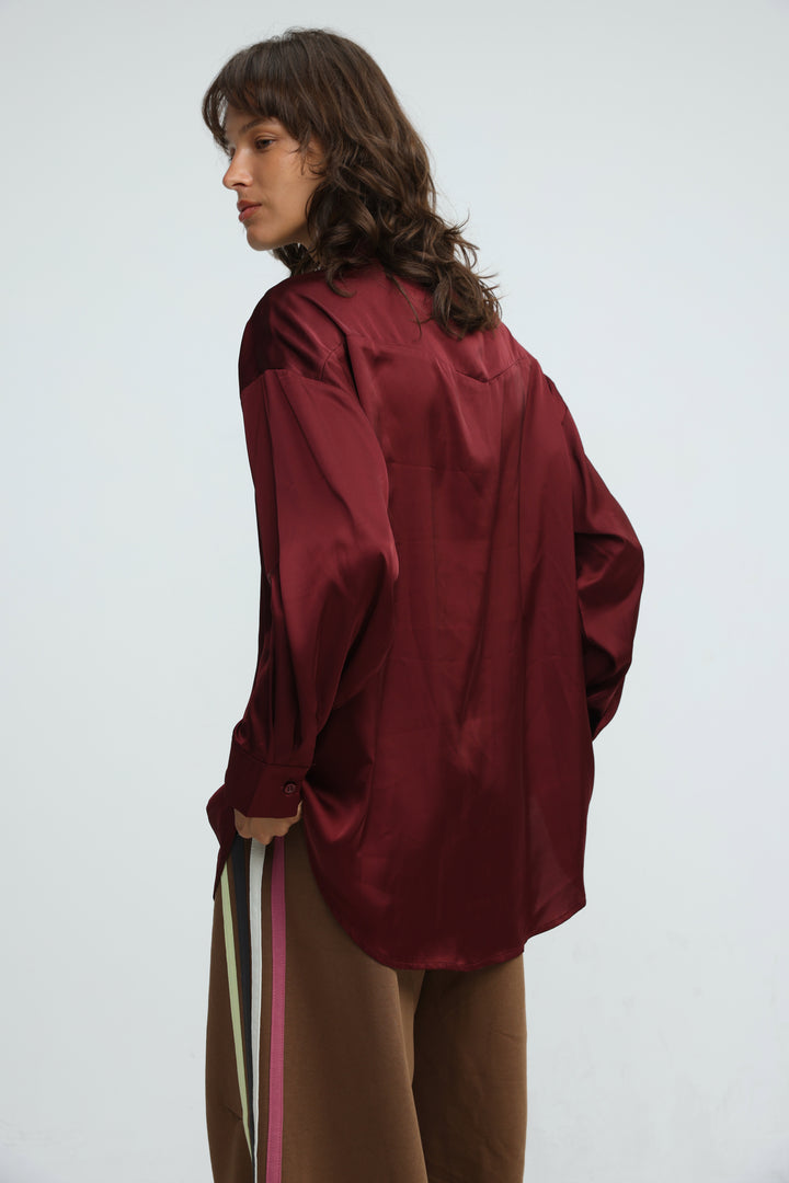 Satin Embroidered Wine Buttoned Shirt