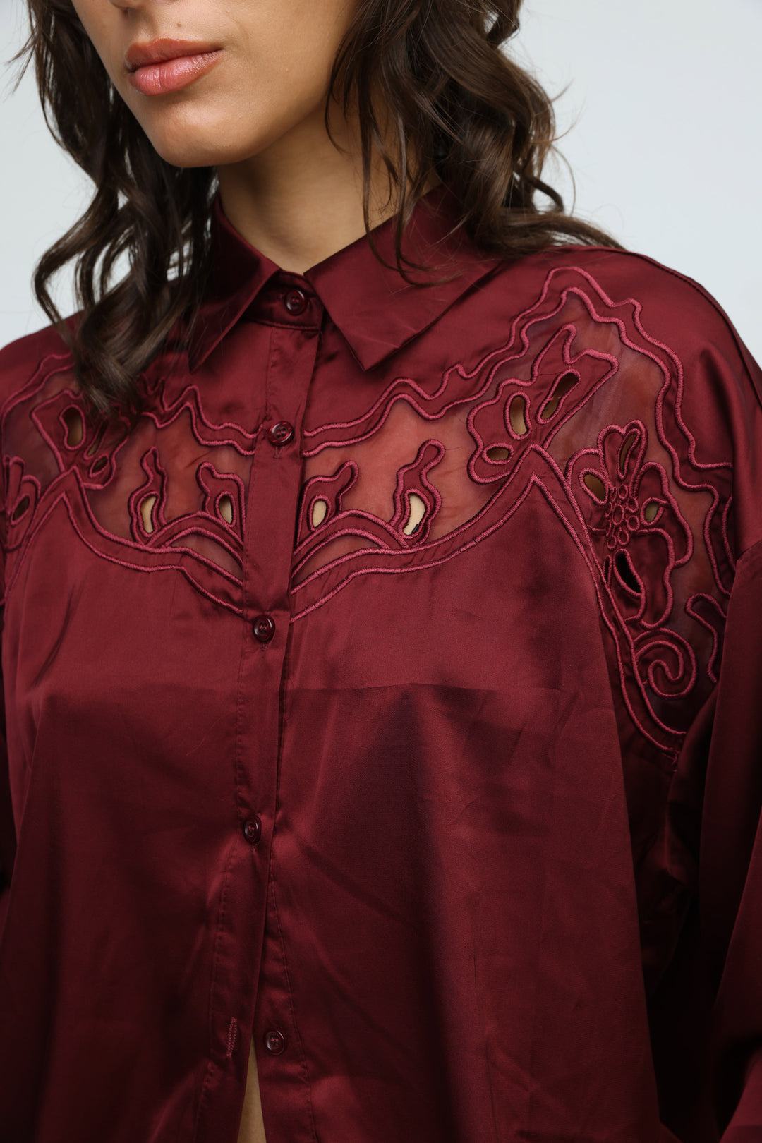 Satin Embroidered Wine Buttoned Shirt