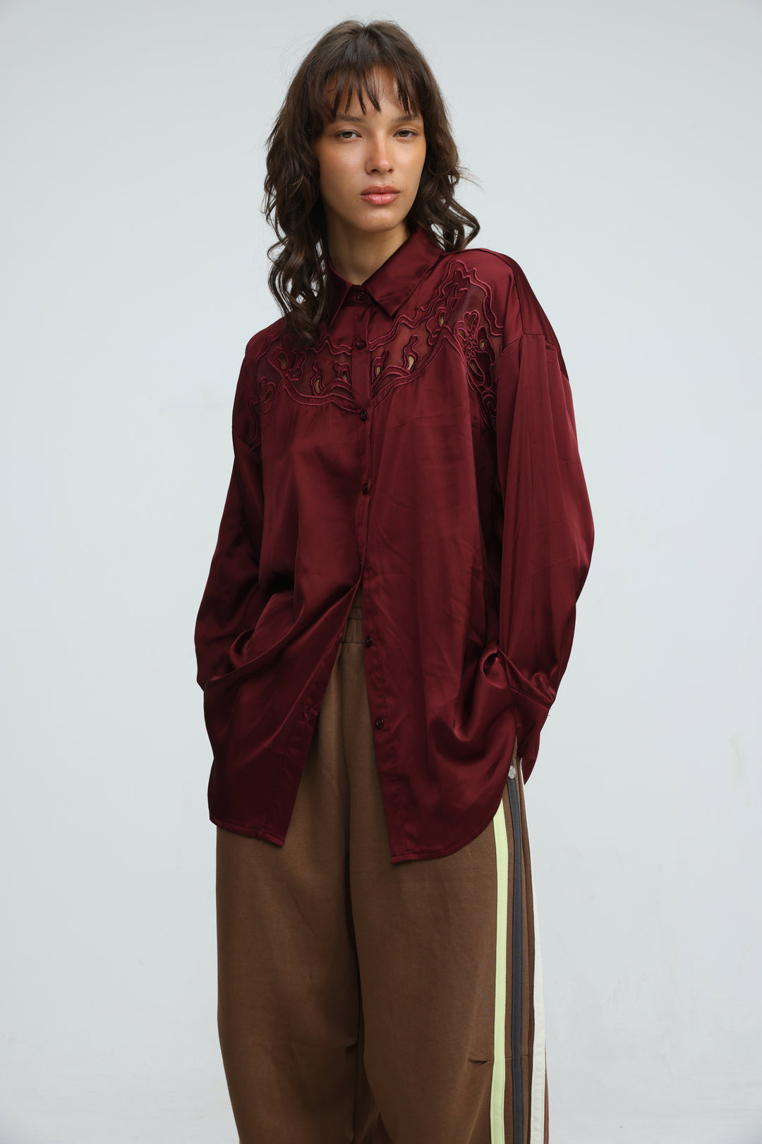 Satin Embroidered Wine Buttoned Shirt